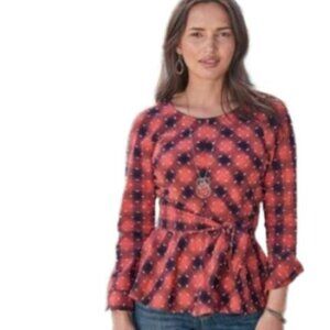Sundance Red Textured Check Peplum Wrap Tie Long Sleeve Top Size Small New